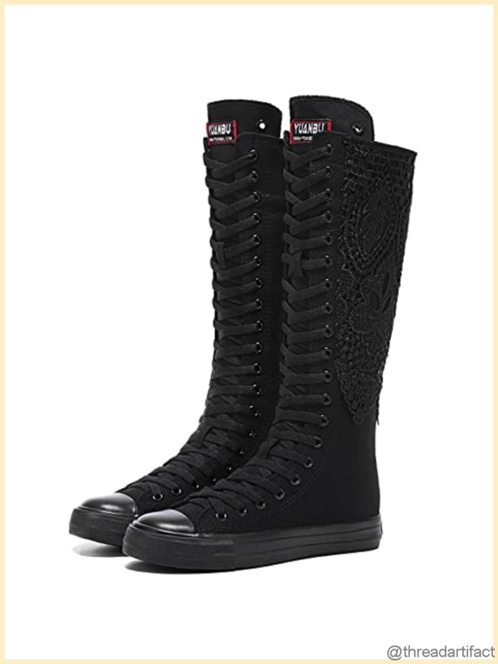 Canvas Knee-High Boots with Lace-Up and Side Zipper, Casual School Shoes for
